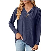 Button Womens Workout Tops Swiss Dot Solid Color Blouse Shirts Long Sleeves V Neck Baggy Tunic Clothes Fall Tees
