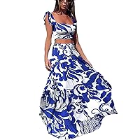Vakkest Womens Summer Sexy 2 Pieces Outfits Ruffle Floral Tank Top Wrap Boho Tropical Long Skirt Set Clubwear Dresses
