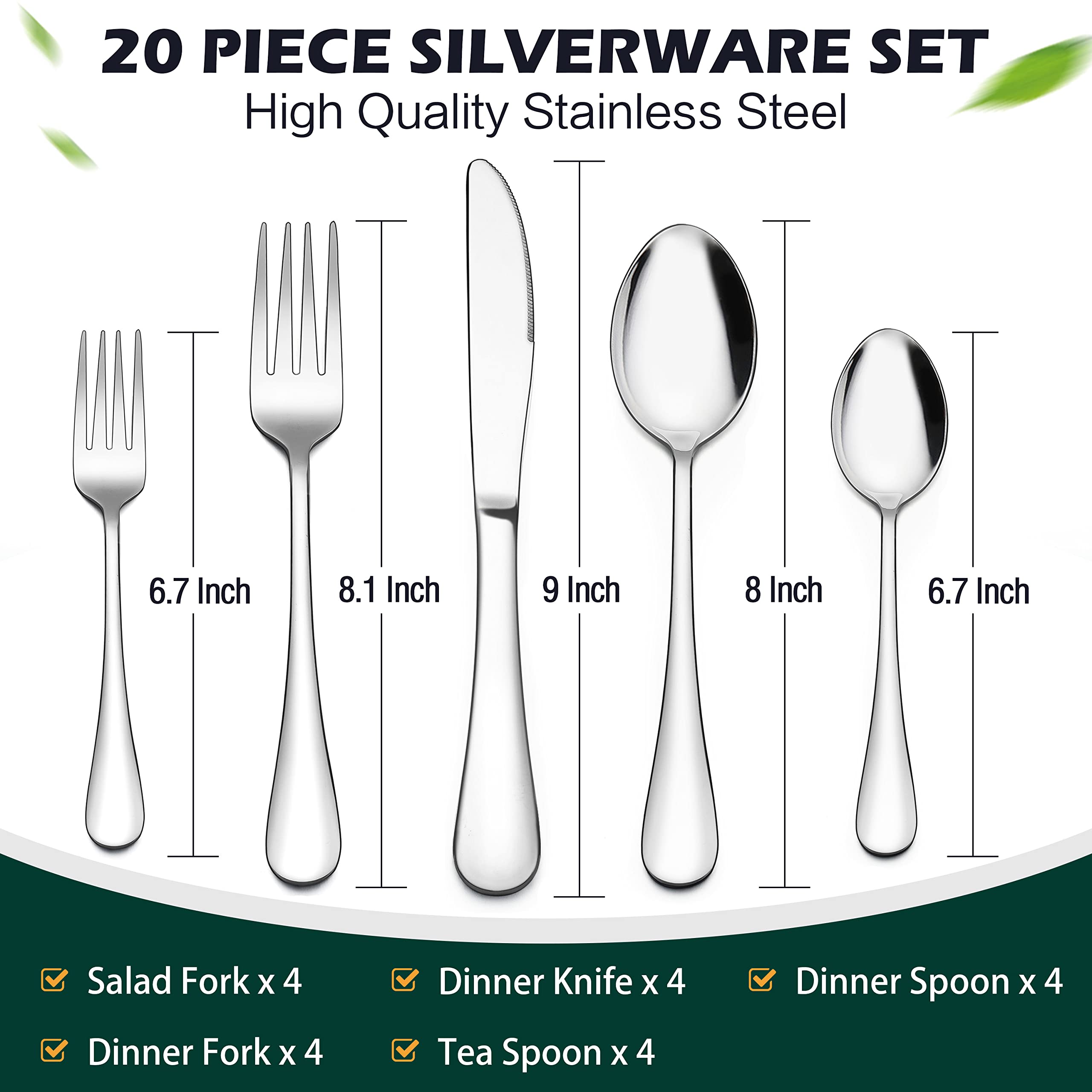 LIANYU 20 Piece Silverware Flatware Cutlery Set, Stainless Steel Utensils Service for 4, Include Knife Fork Spoon, Mirror Polished, Dishwasher Safe
