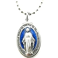 The Miraculous Medal Pendant Necklace,Blue/Silver,No Tarnish Chain