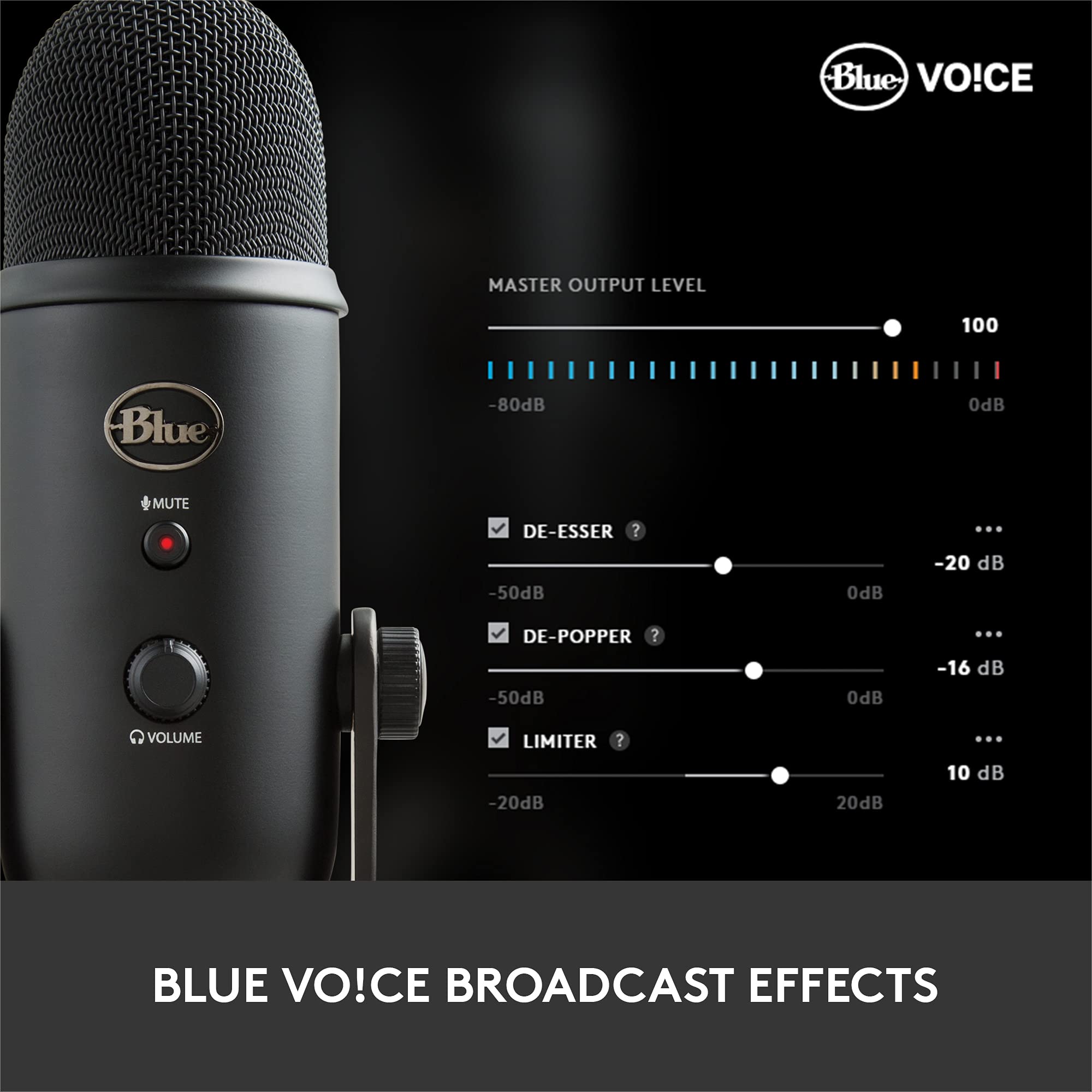 Logitech for Creators Blue Yeticaster Pro Broadcast Bundle with Yeti USB Microphone for Gaming, Recording, Streaming, Podcasting, Radius III Shockmount, Compass Mic Boom Arm, Blue VO!CE - Blackout