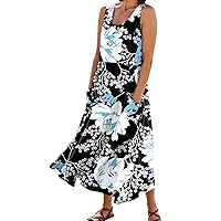 Casual Dresses for Women Bohemian Print Trendy Loose Fit with Sleeveless Low Scoop Neck Pockets Maxi Dress