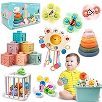Baby Toys for 6 to 12 Months, Montessori Toys for Babies, Sensory Bins Toys for Toddlers 1-3, Pull String Teether Infants Bath Toys 6 in 1 Stacking Blocks Rings, Matching Eggs, Suction Cup Spinner Toy