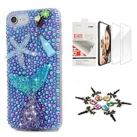 STENES Bling Case Compatible with iPhone XR - Stylish - 3D Handmade [Sparkle Series] Starfish Coconut Tree Mermaid Tail Design Cover with Screen Protector [2 Pack] - Blue