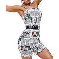 Womens Sexy Letter Print Bodycon Cami Mini Party Dress Trendy Newspaper Short Strappy Summer Dress