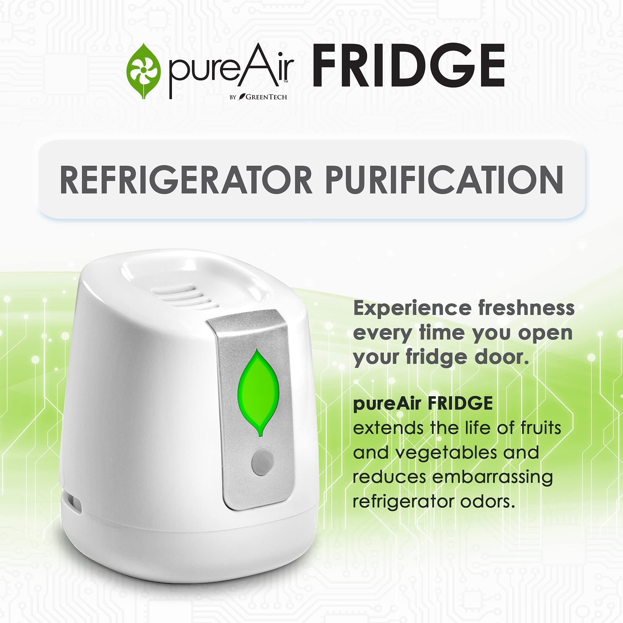 GreenTech Environmental pureAir FRIDGE - Food Shelf Life Extender, Odor Eliminator and Purifier - 24 Days Purification - Air Filter for Mini, Small & Large Refrigerator - Compact and Easy to Use