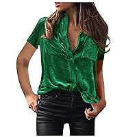 Vintage Velvet Tops for Women Short Sleeve Button Down Lapel Shirts 2024 Summer Casual Dressy Blouses with Pockets