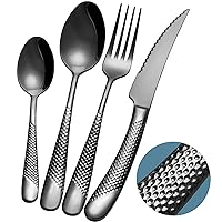 16-Piece ​Modern Black Hammered Silverware Set with Ultra Sharp 2-IN-1 Serrated Knives, 18/10 Stainless Steel Flatware Set, Titanium ​Plated Cutlery Set Service for 4, Dishwasher Safe
