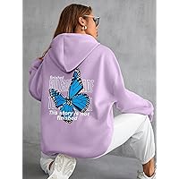 Sweatshirt for Women Slogan & Butterfly Print Drawstring Hoodie Sweatshirt for Women (Color : Lilac Purple, Size : Medium)