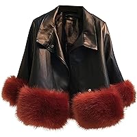 Women’s Black Genuine Sheepskin Sherpa Shearling Faux Fur Cuffs Casual Classic Winter Warm Slim Fit Leather Jacket
