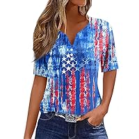 Summer Short Sleeve Womens Tops Independence Day Tshirts 4th of July Shirts V Neck Casual USA Printed Tees