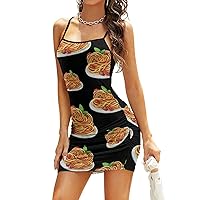 Italy Pasta Noodle Sleeveless Mini Dresses for Women Backless Adjustable Slip Sundress Party Club