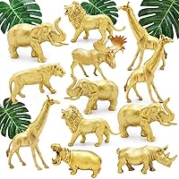 Metallic Gold Plastic Animal Figurines Toys, 12PCS Jumbo Safari Zoo Animal Figures, Jungle Wild Animals with Elephant, Lion, Giraffe for Baby Shower Decor, Safari Themed Birthday Party