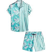 VATPAVE Mens Flamingo Hawaiian Sets Casual Short Sleeve Button Down Shirts Beach Outfits