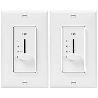 ENERLITES 3 Speed Decora in Wall Ceiling Fan Control, Slide Switch, 120VAC, 2.5A, Single-Pole, Neutral Wire NOT Required, 17000-F3-W2P, White, 2 Pack