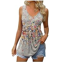 Tank Top Women Floral Pleated Tunic Tops Sexy V Neck Sleeveless Blouse Shirts Slim Fit Tanks Tanks for Women Trendy