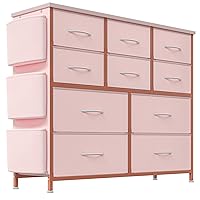 10 Drawer Dresser for Bedroom, Tall Fabric Dresser with Side Pockets and Hooks, Chest of Drawers, Large Storage Tower with Wooden Top and Steel Frame, Pink