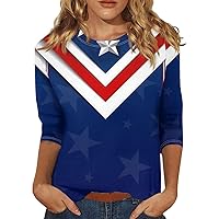 Fourth of July Outfit Women,Women's Fashion Casual Seven-Point Sleeve Independence Day Print Crewneck Top