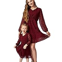 YMING Mommy and Me Matching Chiffon Dresses V Neck Solid Color Dress Long Sleeve Swiss Dot Mini Outfits