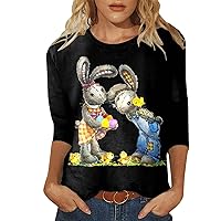Womens Easter Day T-Shirt 3/4 Sleeve Blouse Cute Rabbit Eggs Print Graphic Tees Crew Neck Loose Fit Casual Shirt