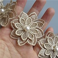 2 Yards 3D Flower Lace Edge Trim Pearl Embroidered Polyester Lace Trimming Ribbon Fabric Applique Patchwork for Wedding Bridal Dress Handmade DIY Sewing Craft Supplies Decoration (Gold)