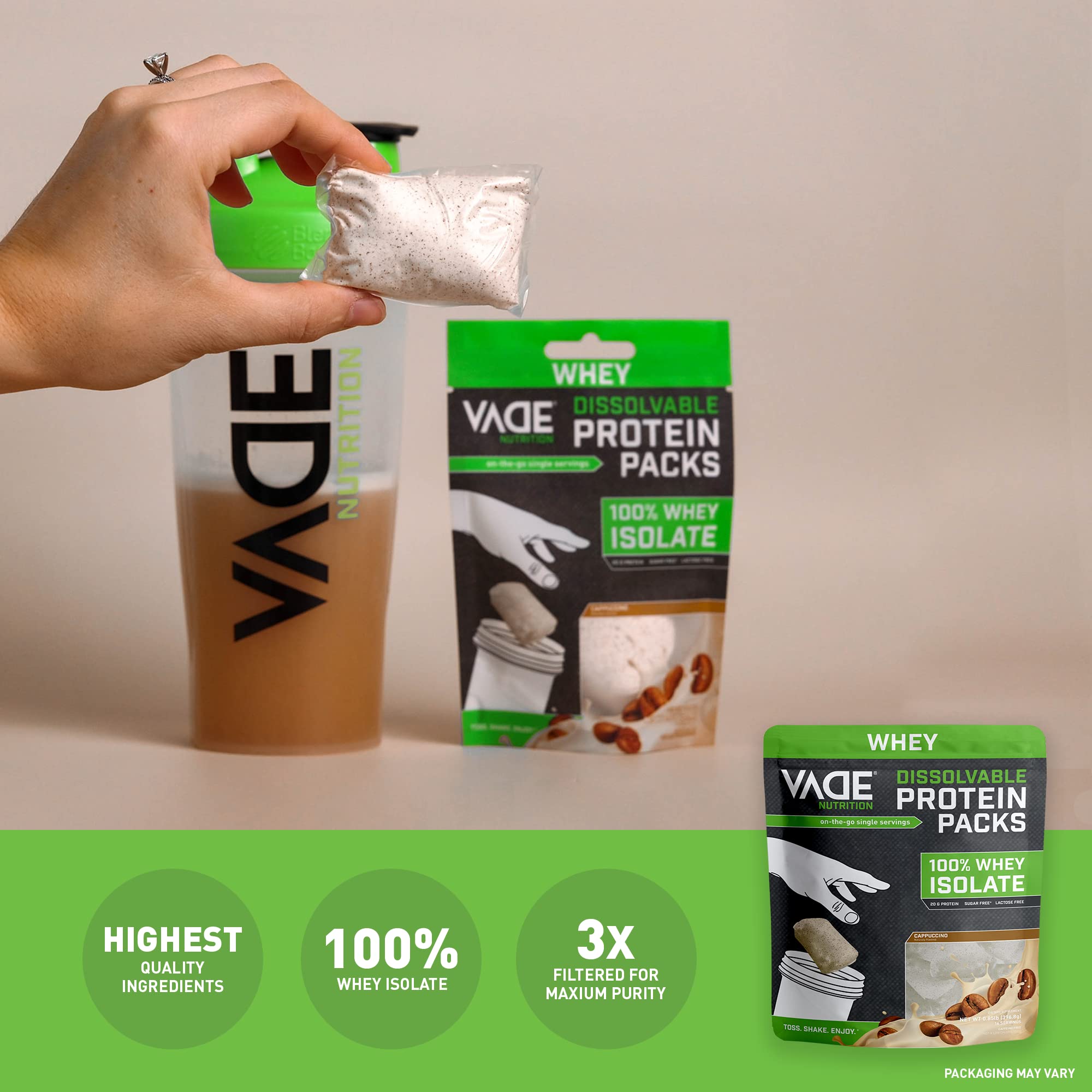 Vade Nutrition Dissolvable Protein Packs | Whey Isolate Protein Powder, On-The-Go, Low Carb, Low Calorie, Lactose Free, Gluten Free, Fat Free, Sugar Free, Lean, Great Tasting (16 Servings, Cappuccino)