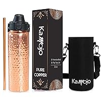 Copper Water Bottle for Drinking - Hammered Copper Bottle with Push Button Lid, Removable Sleeve & Copper Straw - Hiking Gym Handcrafted Water Bottle for Men & Women 32 fl oz