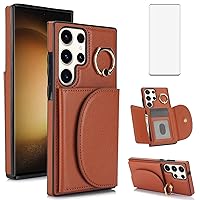 Asuwish Phone Case for Samsung Galaxy S23 Ultra 5G and Tempered Glass Screen Protector Ring Stand Card Holder RFID Blocking Cell Wallet Cover for S23Ultra 23S S 23 23Ultra 6.8 inch Women Men Brown