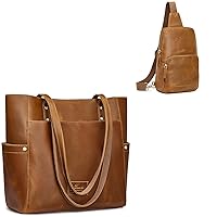 S-ZONE Genuine Leather Tote Bag Bundle with Sling Bag for Women Men RFID Blocking Crossbody Shoulder Backpack Purse Daypack Outdoor Travel