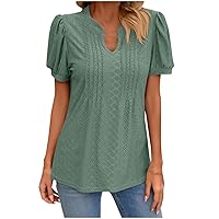 Womens Short Sleeve Summer Tops, Womens Fashion Eyelet Tunic Blouse, Loose V Neck Puff Sleeve Pleated T Shirts