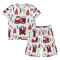 Boy's Summer Shorts Sets Fire Truck Hawaiian Shirt Sets Lighting Kids Button Down Short Shirt & Pants 2 Pcs XS