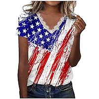 4th of July Womens Lace Trim V Neck Patriotic T-Shirts American Flag Summer Short Sleeve Fashion Casual Blouses