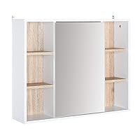 HOMCOM Bathroom Mirror Cabinet, Wall Mounted Medicine Cabinet with Storage Cupboard and Adjustable Shelf, White & Oak