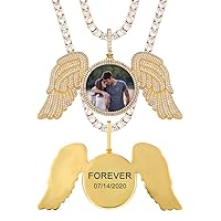 TUHE Custom Picture Necklace Personalized, Customized with Text Engraving & Photo Pendant Necklaces, Gold Plated Diamond Round Angle Wings Heart Hip Hop Chain Necklace for Men Women Memory Necklace