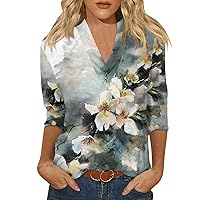 Women's Fashion Casual Three-Quarter Sleeve Printed Chinese Stand Collar V Neck Pullover 4/3 Top, S-3XL