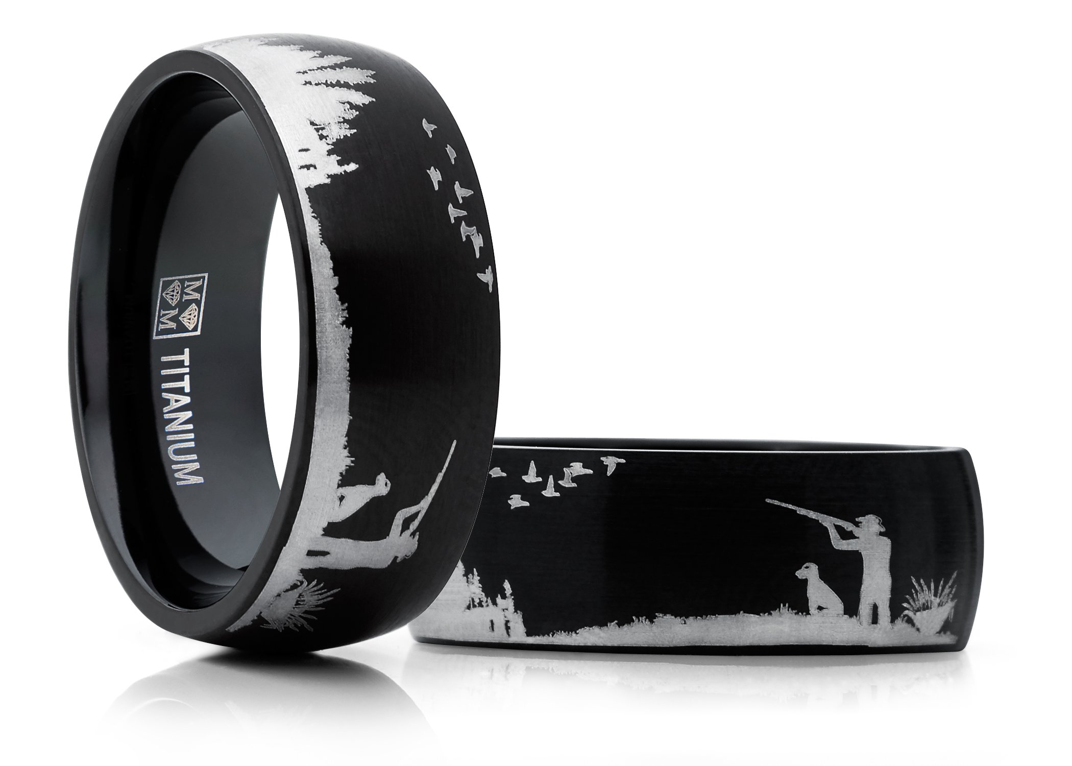 Metal Masters Co. Men's Black Titanium Ring Wedding Band with Laser Etched Bird Duck Hunting Outdoor Ring, Comfort Fit 8mm