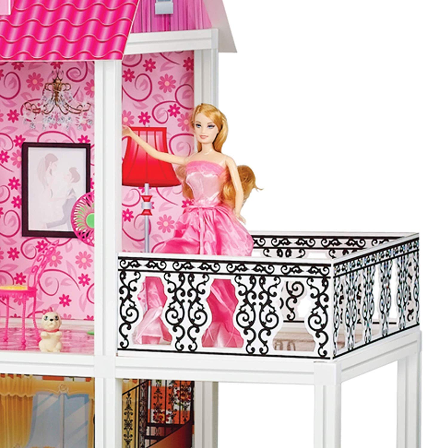39'' Large Plastic & Hard Cardboard Dollhouse, Big Dreamhouse with Doll House Furniture, House Hold Items, Pretend Play Toys Gifts for Girls Kids Ages 3+, 4 Rooms