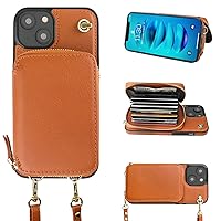 Bocasal Crossbody Wallet Case for iPhone 14, RFID Blocking Leather Purse Case with Card Holder, Protective Handbag Flip Cover with Zipper Wrist Strap Lanyard for Women 5G 6.1 Inch (Brown)
