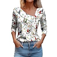 Christmas Shirts for Women Plus Size Long Sleeve T-Shirt Lapel Button Asymmetric Holiday Shirts Trendy Clothes