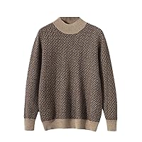 100% Cashmere Sweater Men's Mock Turtleneck Jacquard Autumn and Winter Retro Color Blocking Pullover Top