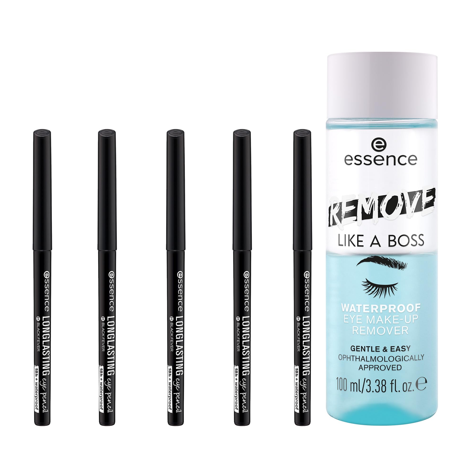 essence Black Longlasting Eyeliner Pencil 5-Pack & Remove Like a Boss Waterproof Eye Makeup Remover Bundle | Vegan & Cruelty Free