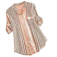 Women's Oversized Blouses Three Quarter Sleeve Shirt Striped Print Tunic Loose Tops