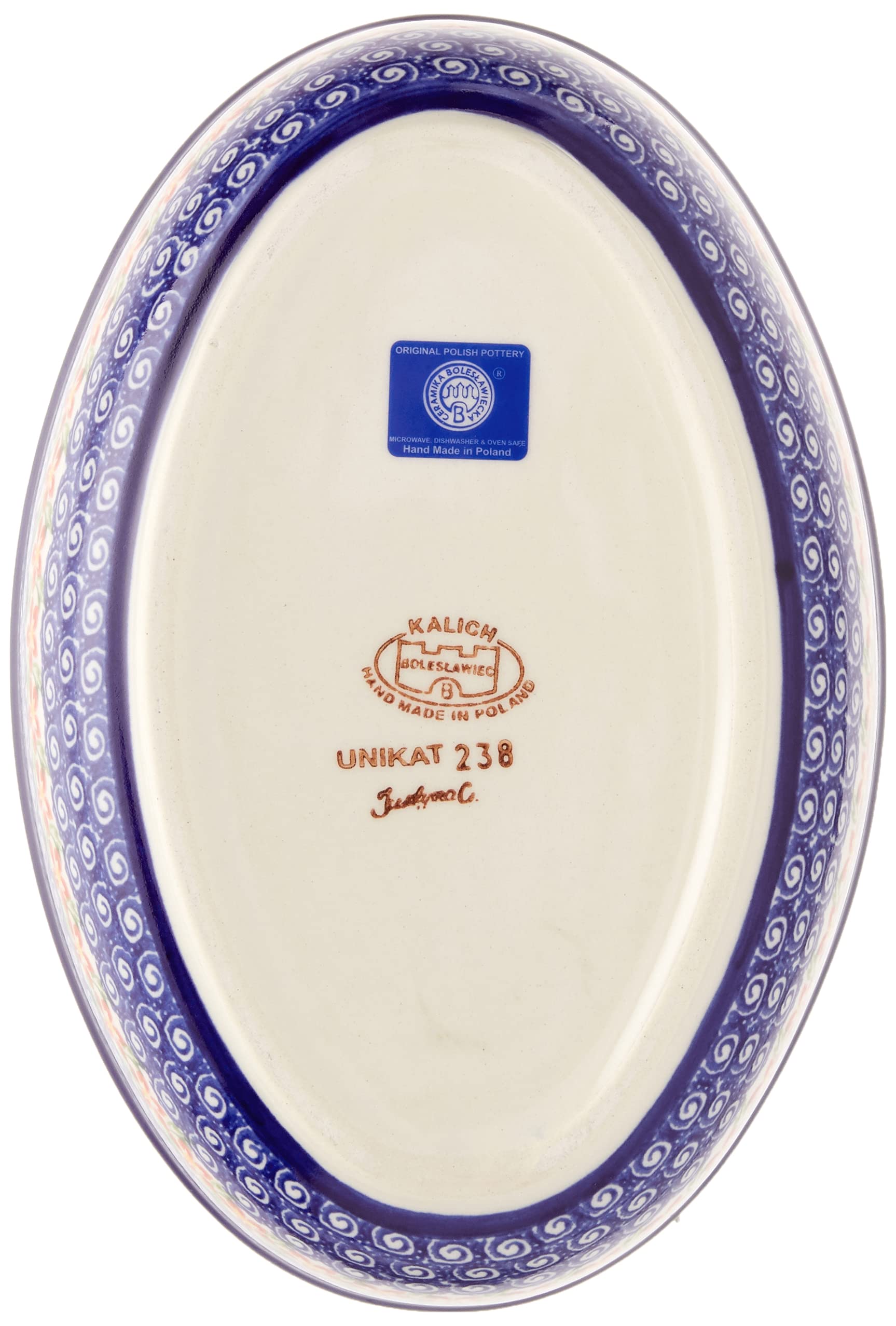 Liphontcta Polish Pottery Ceramika Boleslawiec Oval Mirek Baker 2, 9-2/3-Inch by 6-7/10-Inch, 5 Cups, Royal Blue Patterns with Red Cornflower and Blue Butterflies Motif