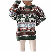 Womens Christmas Fleece Sweater Reindeer Snowflake Round Neck Long Sleeve Sweatshirt Wintertime Sweaters Tunic Tops