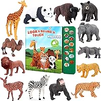 Tudoccy Safari Animals Figures Toys - 13 Realistic Wild Plastic Animal Figurines & Kids Sound Book - Educational Learning Toys Gift for 3 Years Old & Up Boys Girls Toddlers