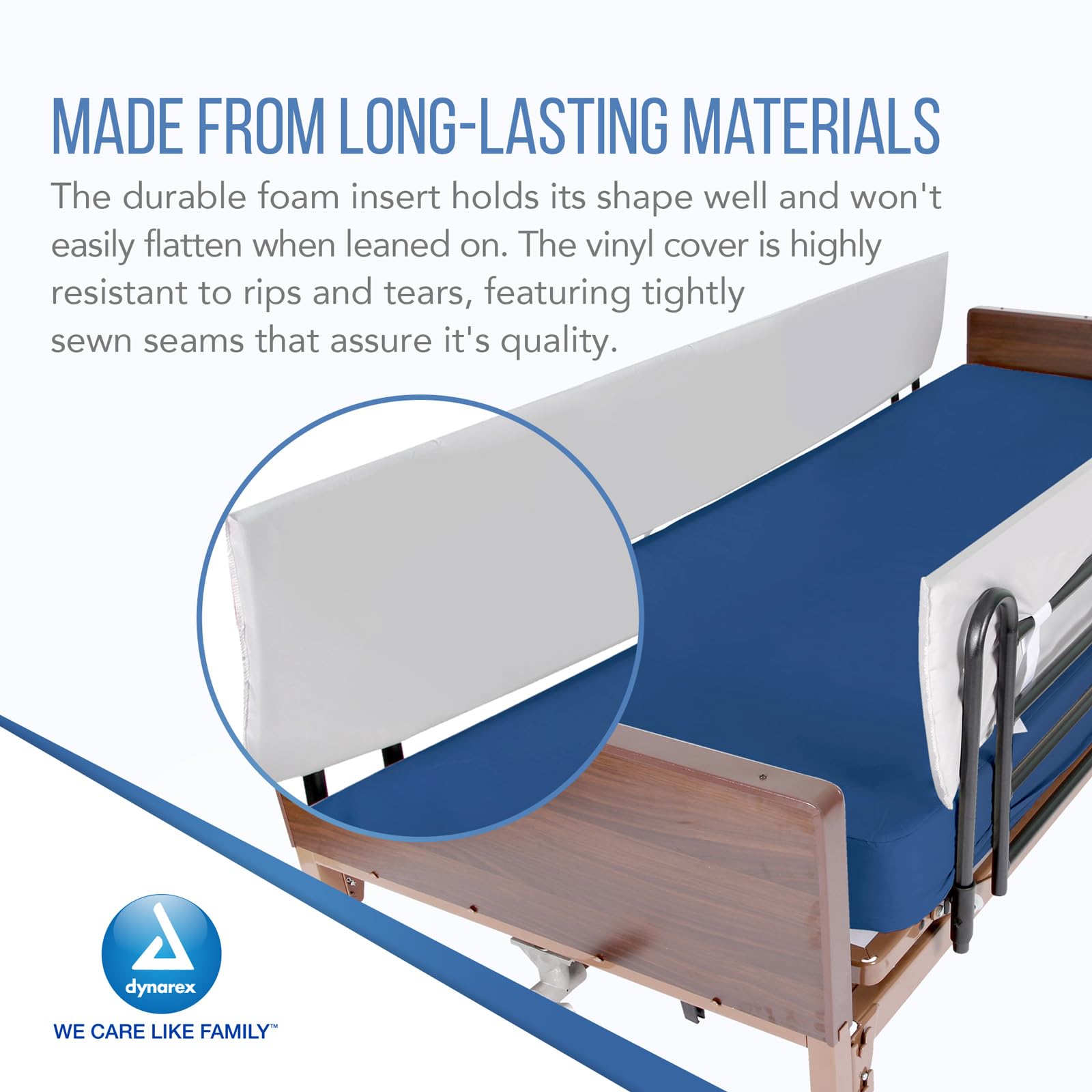 Dynarex Full Bed Rail Bumper - 70” Padded Bed Rail Guard - Soft Foam Bed Railing Cushion, Hook & Loop Closures - Water Resistant & Skin-Safe Vinyl Cover - 1 Bed Rail Bumper