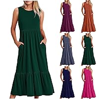 Women's Sleeveless A Line Maxi Dress with Pockets Tiered Swing Dresses Holiday Vacation Casual Sundress