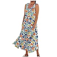 Dresses for Women 2023 Comfortable Floral Print Sleeveless Cotton Maxi Beach Tank Dresses for Women with Pockets