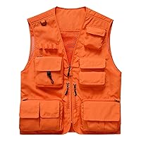 Flygo Men's Casual Lightweight Outdoor Fishing Work Safari Travel Photo Cargo Vest Jacket Multi Pockets(Large, Orange)