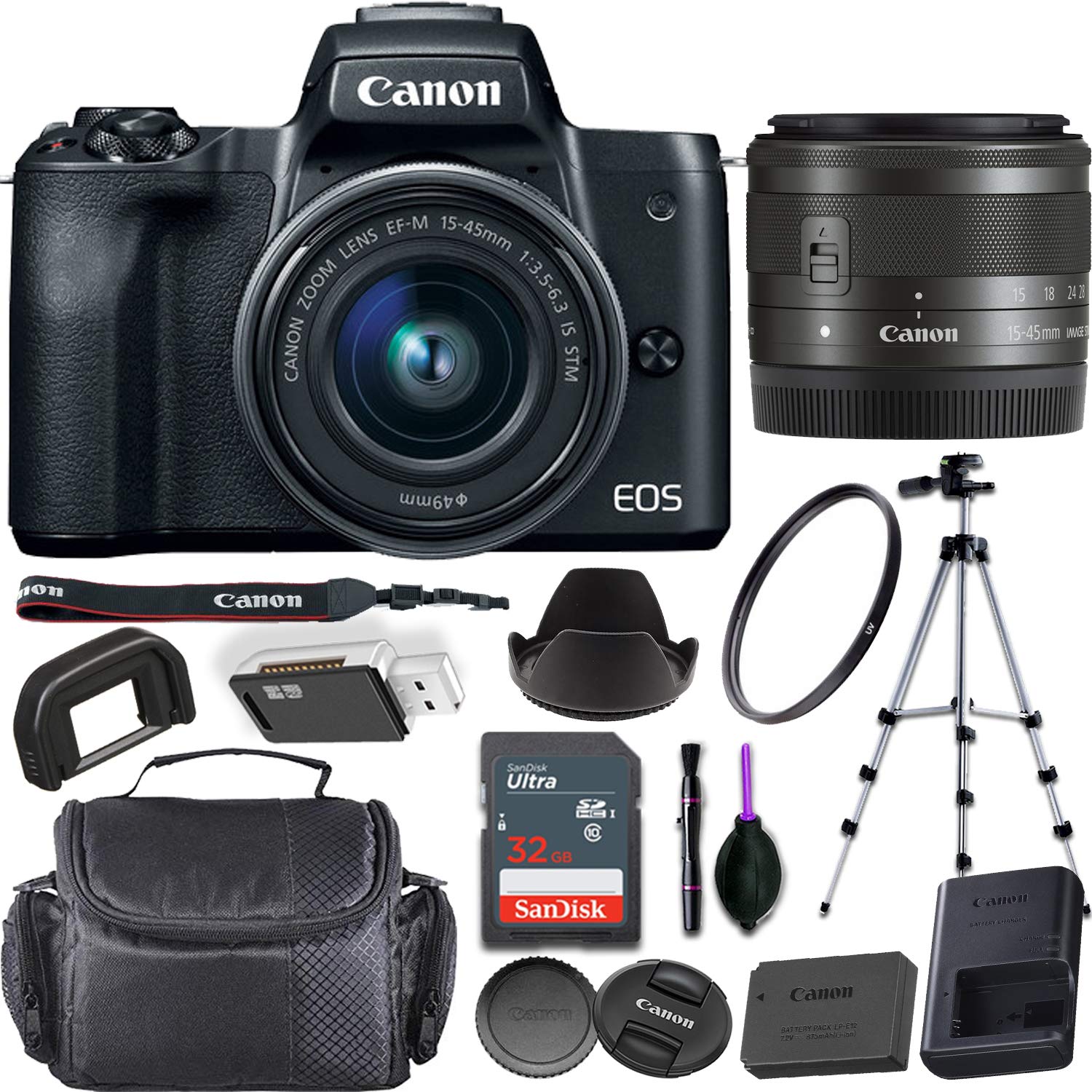 Canon EOS M50 Mirrorless Digital Camera (White) + EF-M 15-45mm f/3.5-6.3 is STM Lens Bundled with Premium Accessories (32GB Memory Card, Padded Equ...